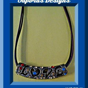 Antique "Love" Design Necklace With Colorful Rhinestones & Brown Leather Chain